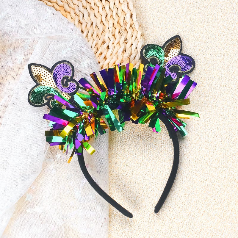 Doneace Mardi Gras Headband Carnival Headband Glitter Purple Green Gold Mask Fleur De Lis Hairband Fat Tuesday Hair Accessories for Women Girls Mardi Gras Celebration Parades Party Festival Headdress 1PCS - Image 3